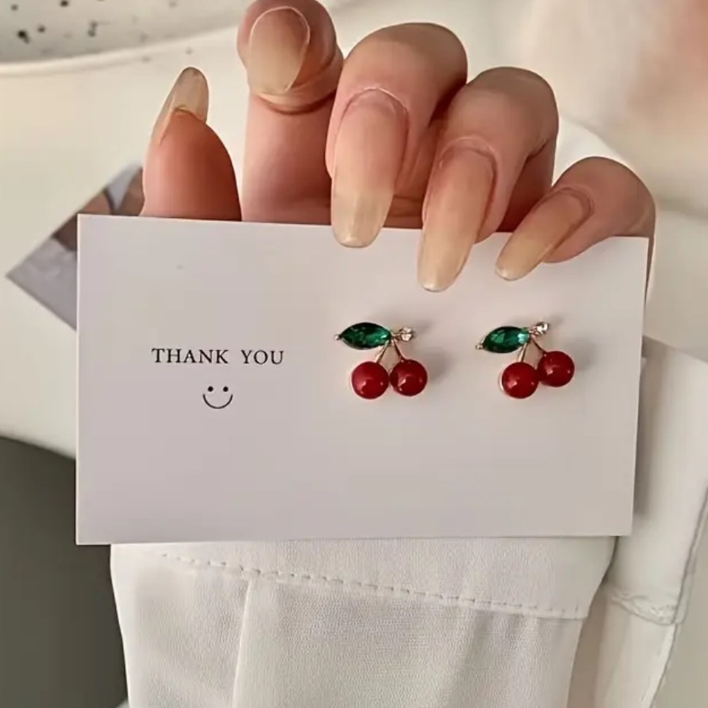 Exquisitely Cute Minimalist Red Cherry With Green Leaves Stud Earrings - Picture 6 of 8